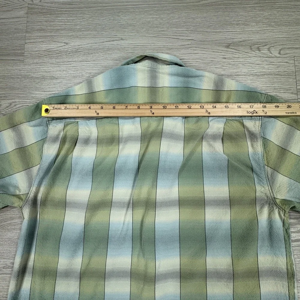 Tommy Bahama Mens Button Front Shirt Plaid Silk Green Blue Medium Short Sleeve